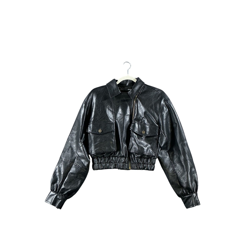 Forever 21 Womens Black Faux Leather Cropped Zip Up Jacket Small Pockets 1212